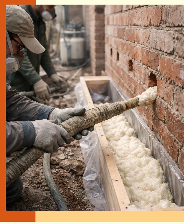 Заливка ППУ в пустоты кирпичной стены в Павлово