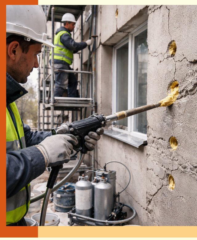 Заполнение пустот в фасаде и утепление стен в Павлово